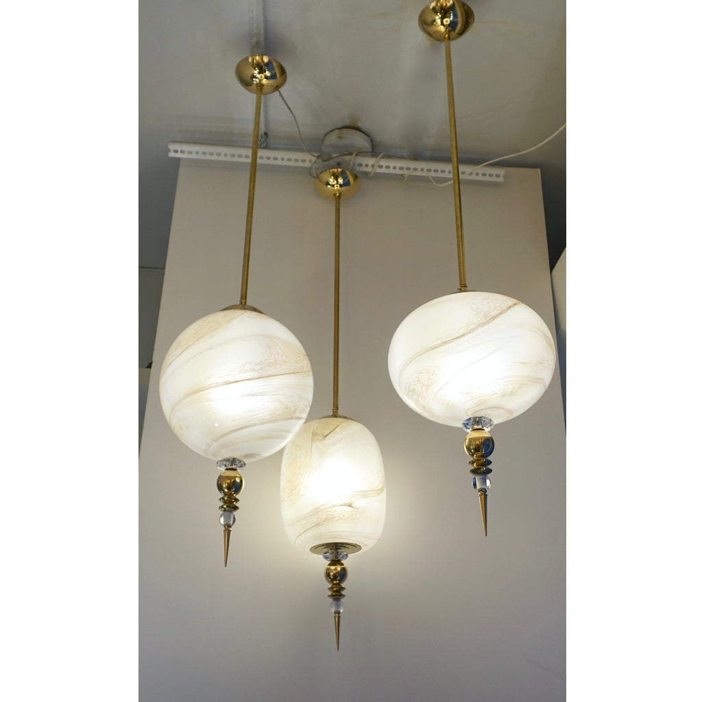 Contemporary Italian Brass and Cream White Alabaster Glass Round Pendant Light