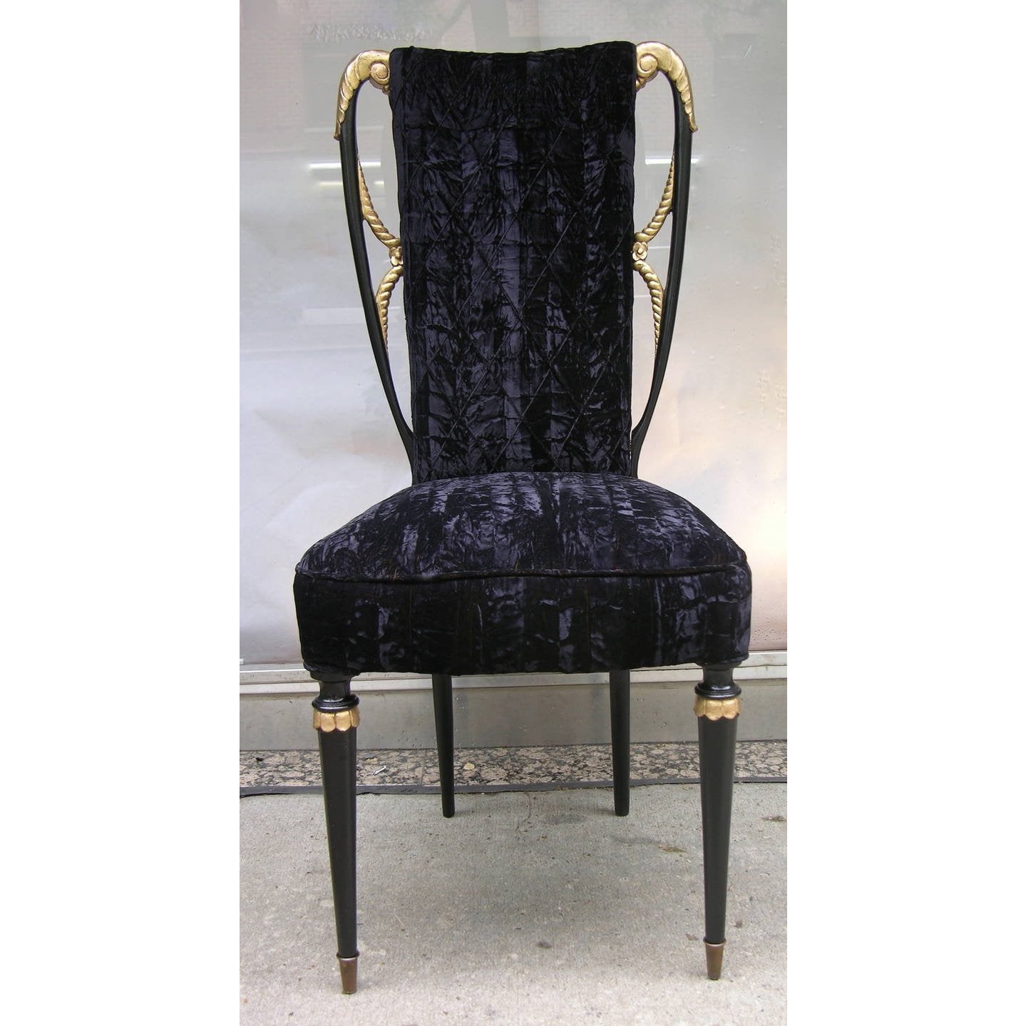 1940s Italian Late Art Deco Pair Gilded Black Lacquered Chairs in Black Velvet