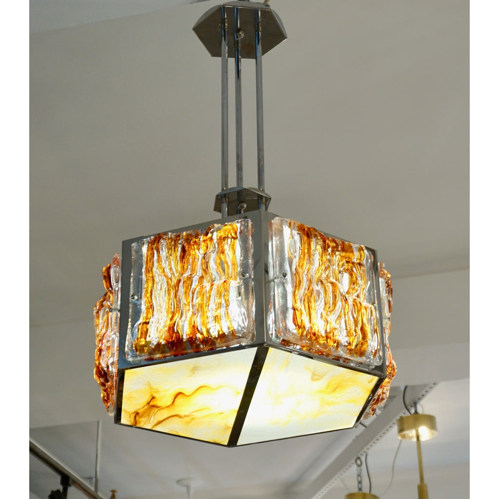 1970 Vintage Italian Mazzega Nickel Crystal Orange Yellow Murano Drum Chandelier