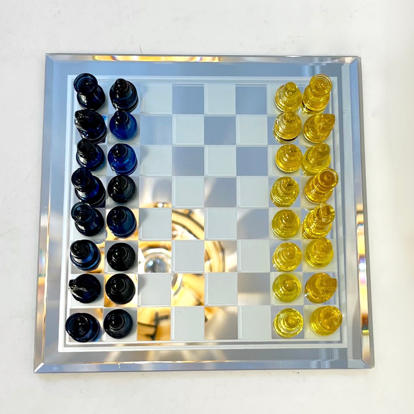 Contemporary Minimalist Blue & Yellow Murano Glass Chess Set on Mirrored Board