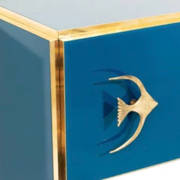 Modern Italian Custom Design Brass Edged & Fish Marine Decor Teal Blue Cabinet