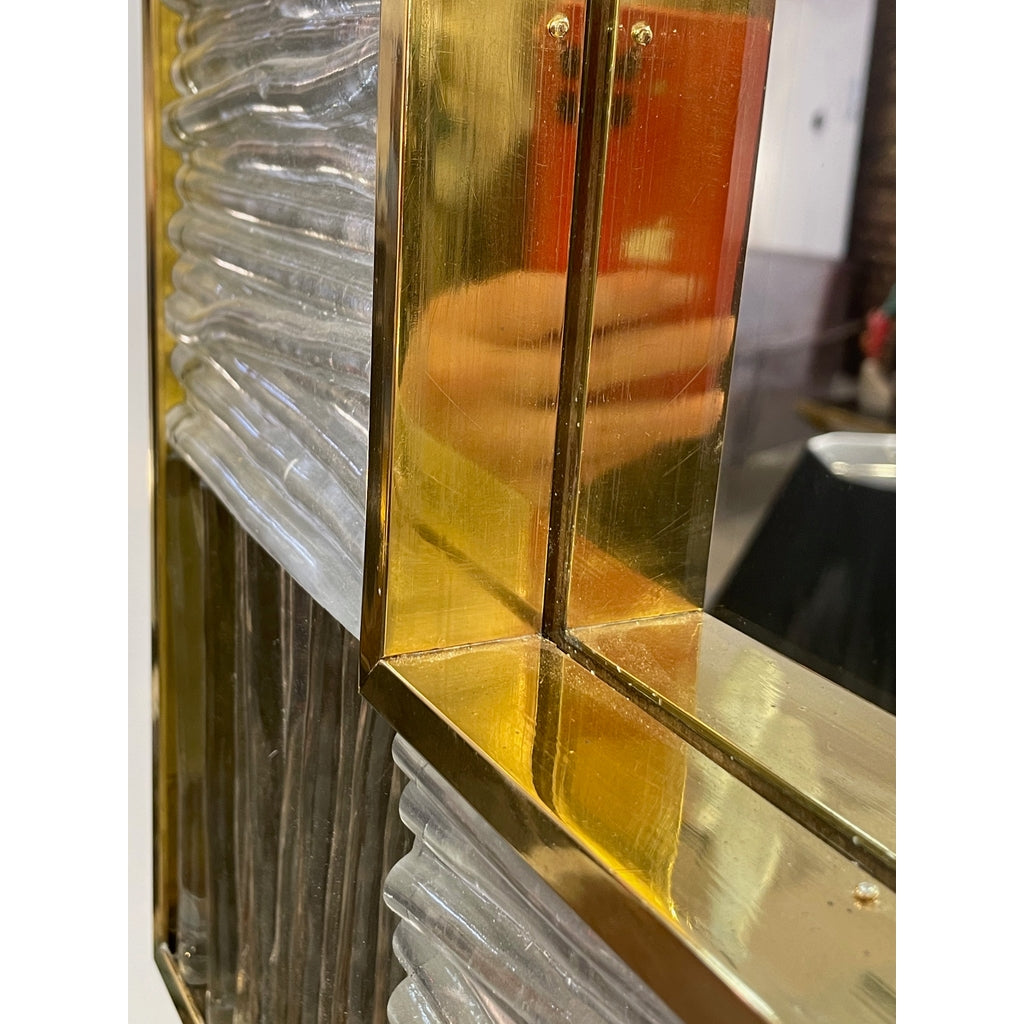 Bespoke Italian Square Silver Leaf Smoked Crystal Murano Glass Brass Tile Mirror