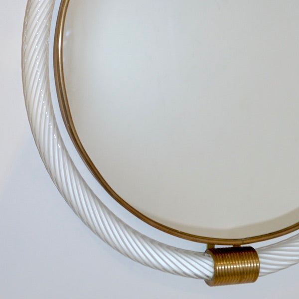 1990s Barovier Italian Milk White Twisted Murano Glass Modern Round Brass Mirror