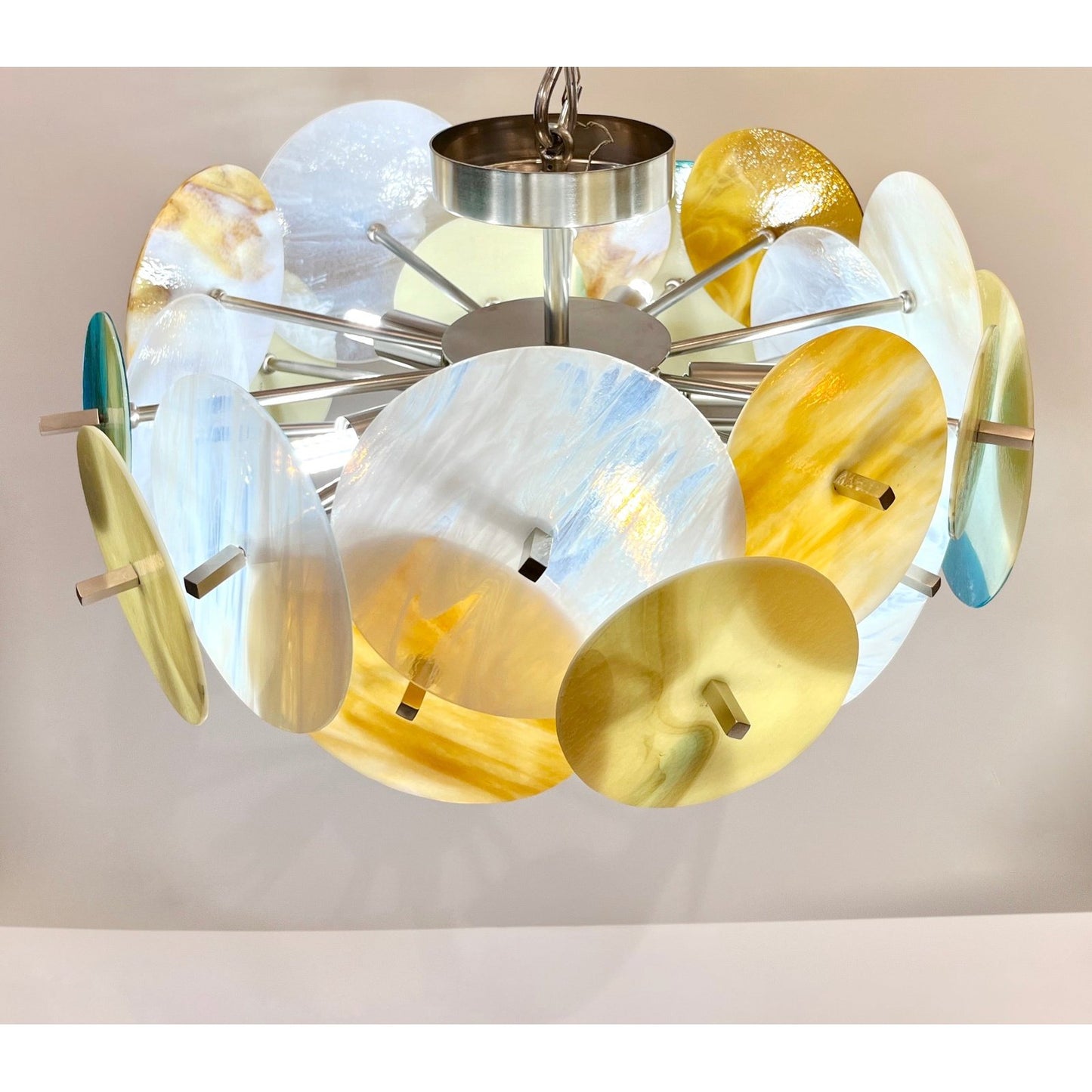 Italian Yellow White Blue Pastel Murano Glass Nickel Circular Sputnik Chandelier