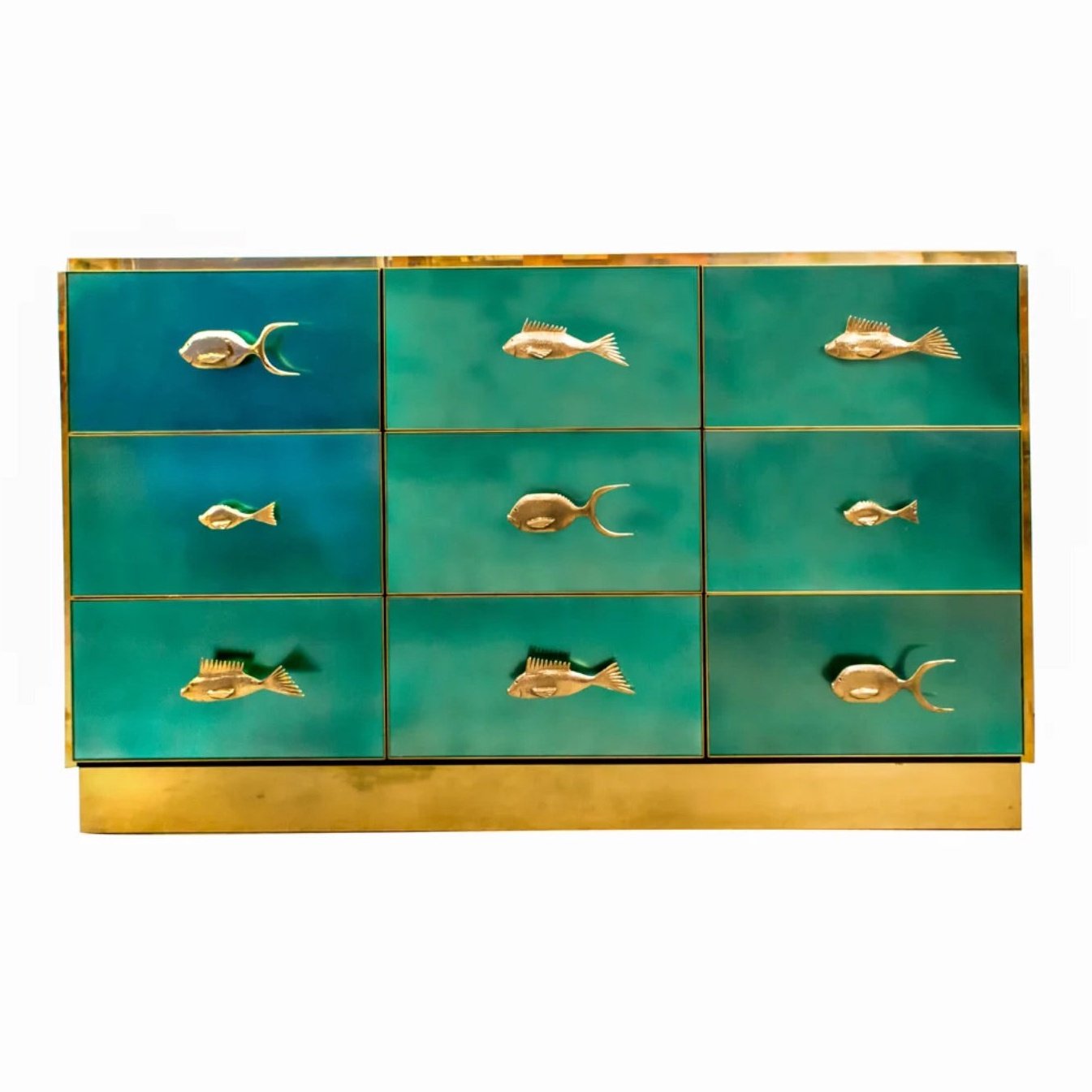 Bespoke Italian Art Design Brass Metallic Emerald Blue Glass Dresser Sideboard