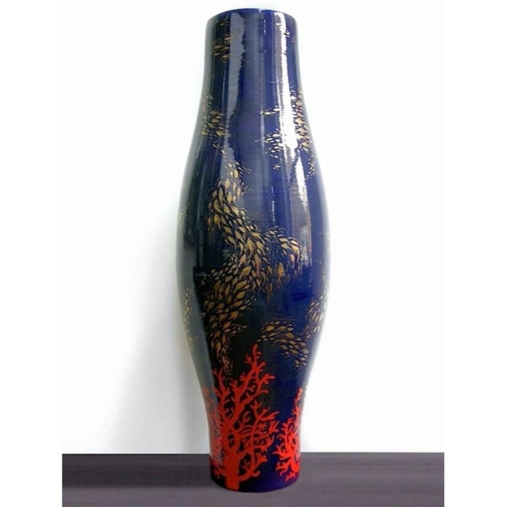 Modern Italian Monumental Gold Red Blue Vase by Ceramica Gatti with Sea Deco - Cosulich Interiors & Antiques