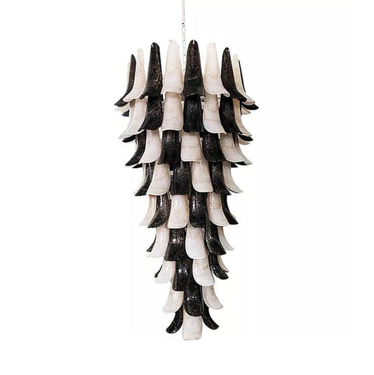 Italian Black White Murano Glass Petals Curved Leaves Tall Modern Chandelier
