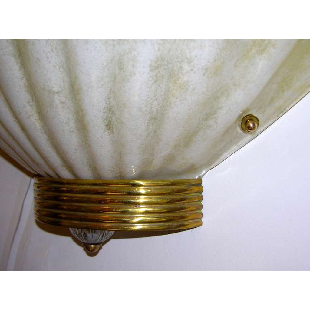 1970s Art Deco Style Pair of Vintage Shell Sconces in Gold & White Murano Glass - Cosulich Interiors & Antiques