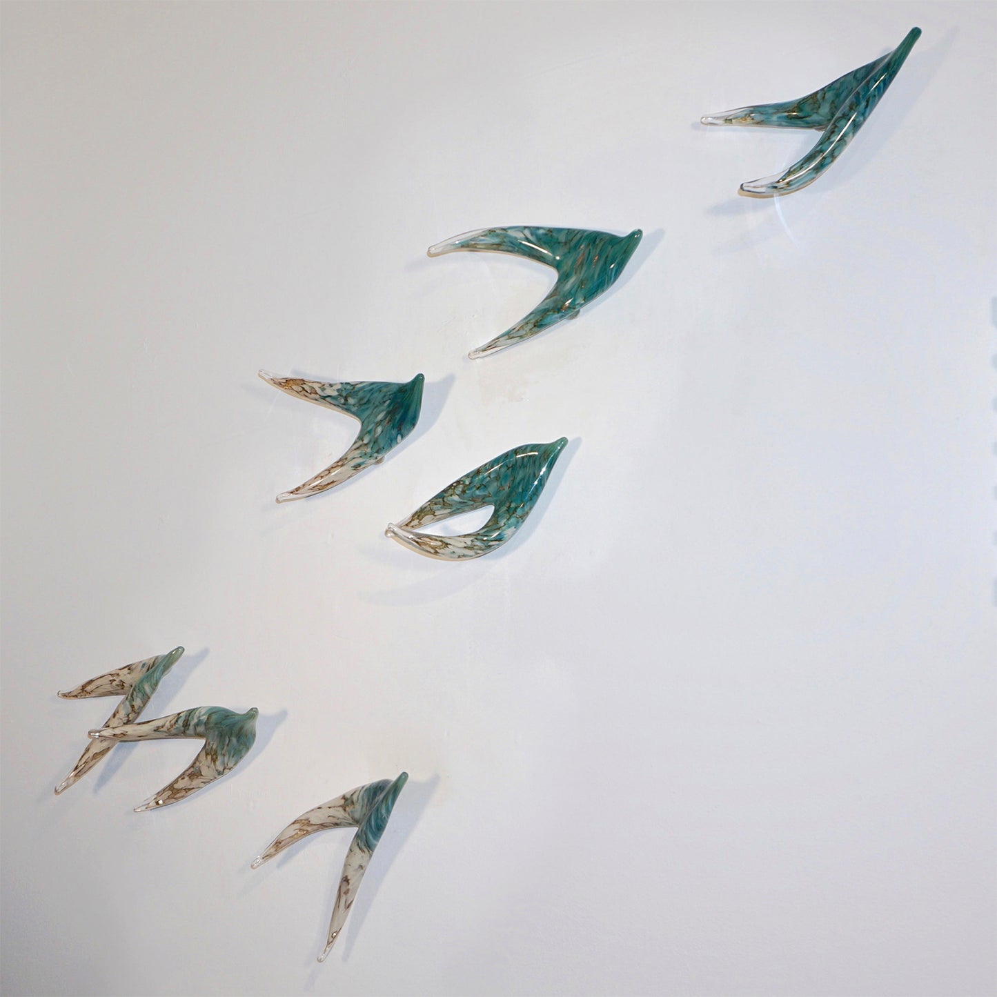 Flight of Aquamarine Birds Contemporary Blown Glass Modern Art Wall Sculpture