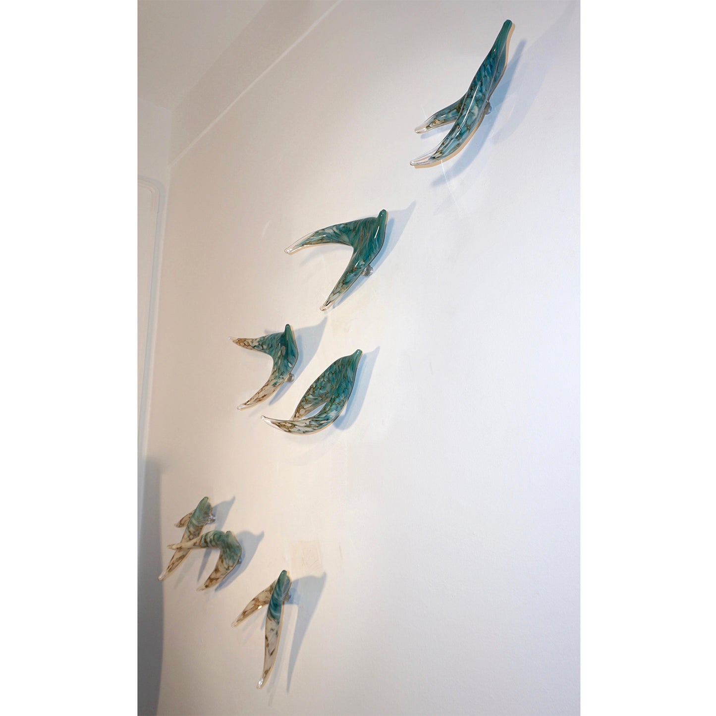 Flight of Aquamarine Birds Contemporary Blown Glass Modern Art Wall Sculpture