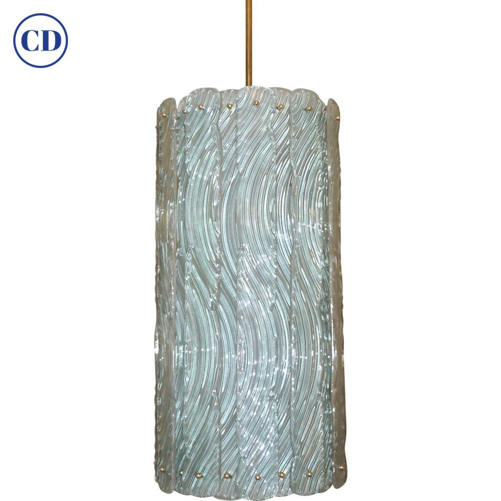 Modern Italian Aquamarine Crystal Murano Glass Tall Brass Lantern / Chandelier
