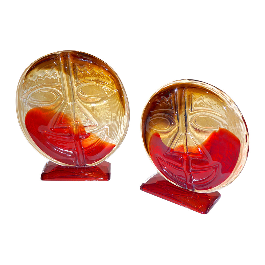 Cesare Toso 1970s Pair of Abstract Art Red and Amber Murano Glass Round Faces - Cosulich Interiors & Antiques