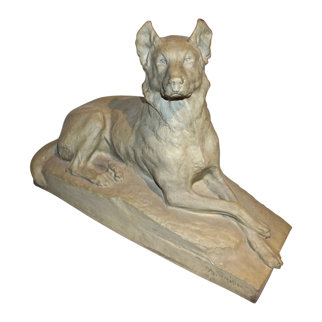 Charles Virion 1920 Antique Gray Terracotta Sculpture of a German Shepherd Dog - Cosulich Interiors & Antiques
