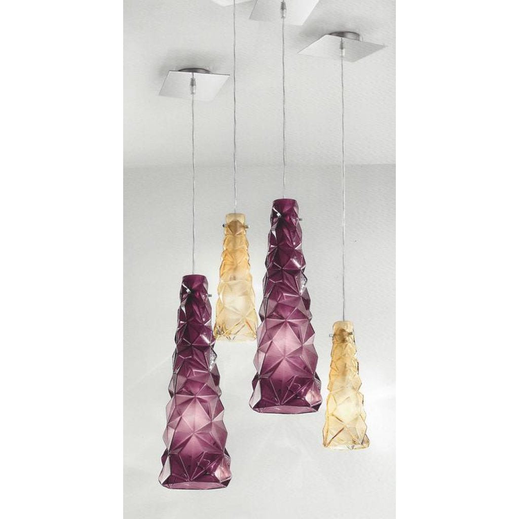 Contemporary Four Italian Diamond-Cut Purple and Yellow Murano Glass Pendants - Cosulich Interiors & Antiques