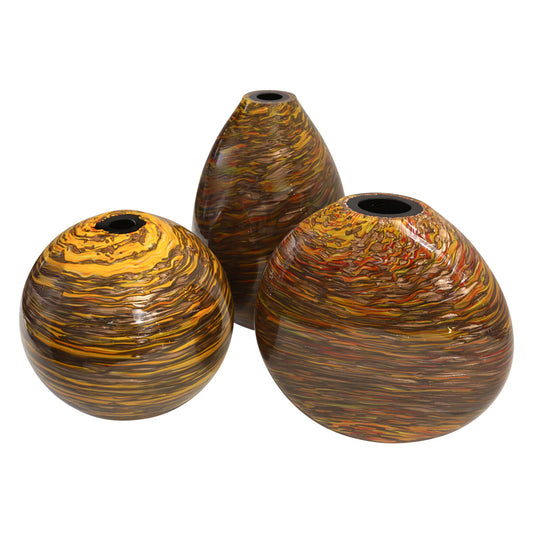 Formia 1980s Modern Set of Three Brown Yellow Red Orange Gold Murano Glass Vases - Cosulich Interiors & Antiques
