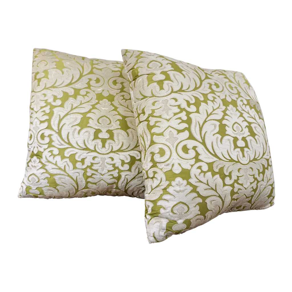 Contemporary French Green and Ivory White Damask Velvet Throw Pillows - Cosulich Interiors & Antiques