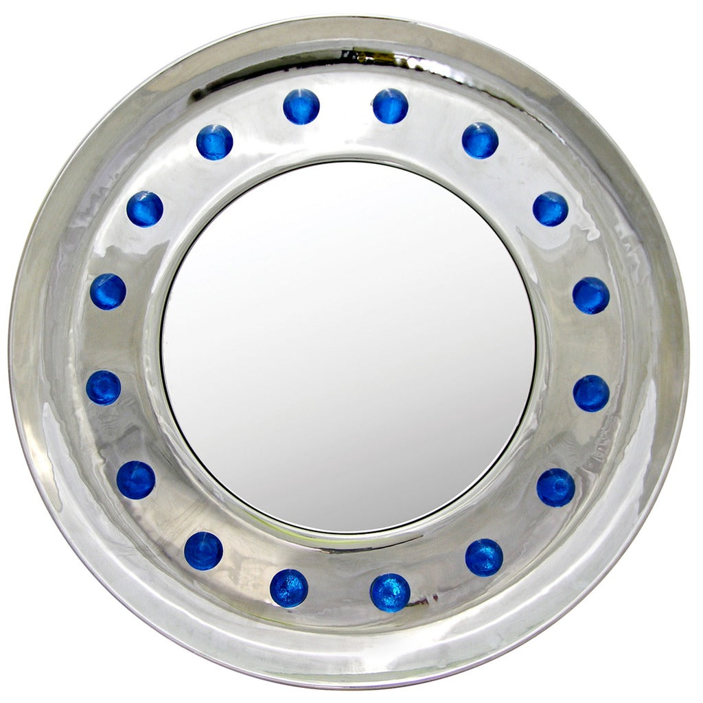 Contemporary Italian Modern Chromed Round Mirror with Jewel Like Blue Glass Spikes - Cosulich Interiors & Antiques