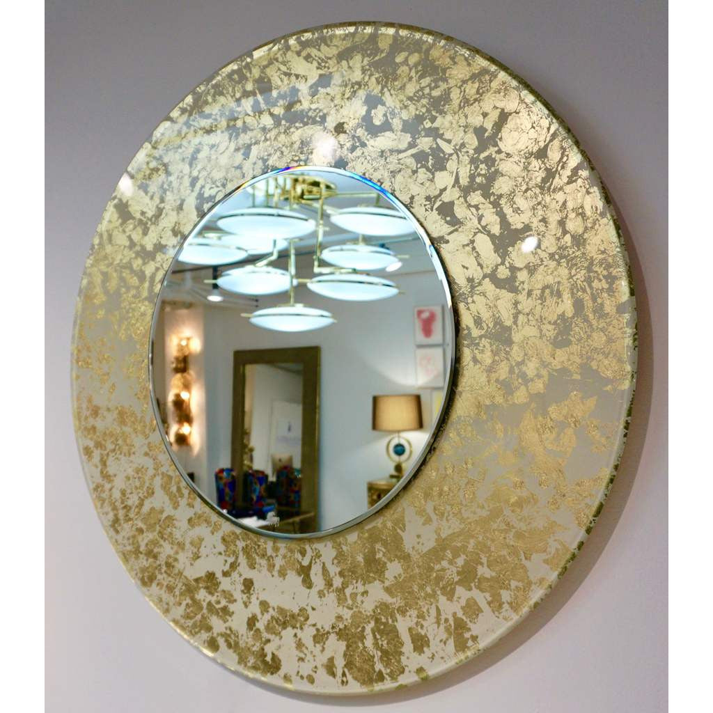 Contemporary Italian Organic Modern Ivory White and Gold Leaf Round Lit Mirror - Cosulich Interiors & Antiques