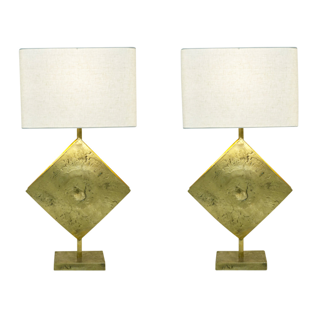 Italian Design Contemporary Pair of Brutalist Cast Bronze Double Lit Lamps - Cosulich Interiors & Antiques