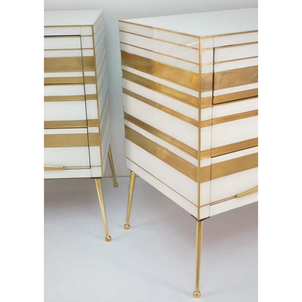 Contemporary Italian Pair of Gold Brass and White Glass Chests / Side Tables - Cosulich Interiors & Antiques