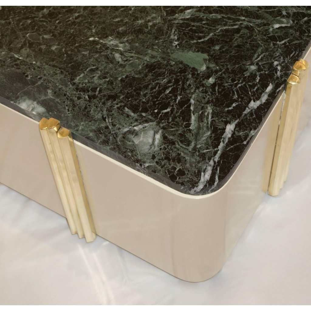 1970s Italian Art Deco Green Marble and Cream White Lacquered Coffee Table/Bench - Cosulich Interiors & Antiques