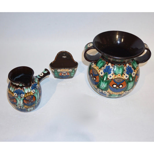 Antique Swiss Arts & Crafts Thoune Majolica Set of Vase, Jug, Plate and Holder