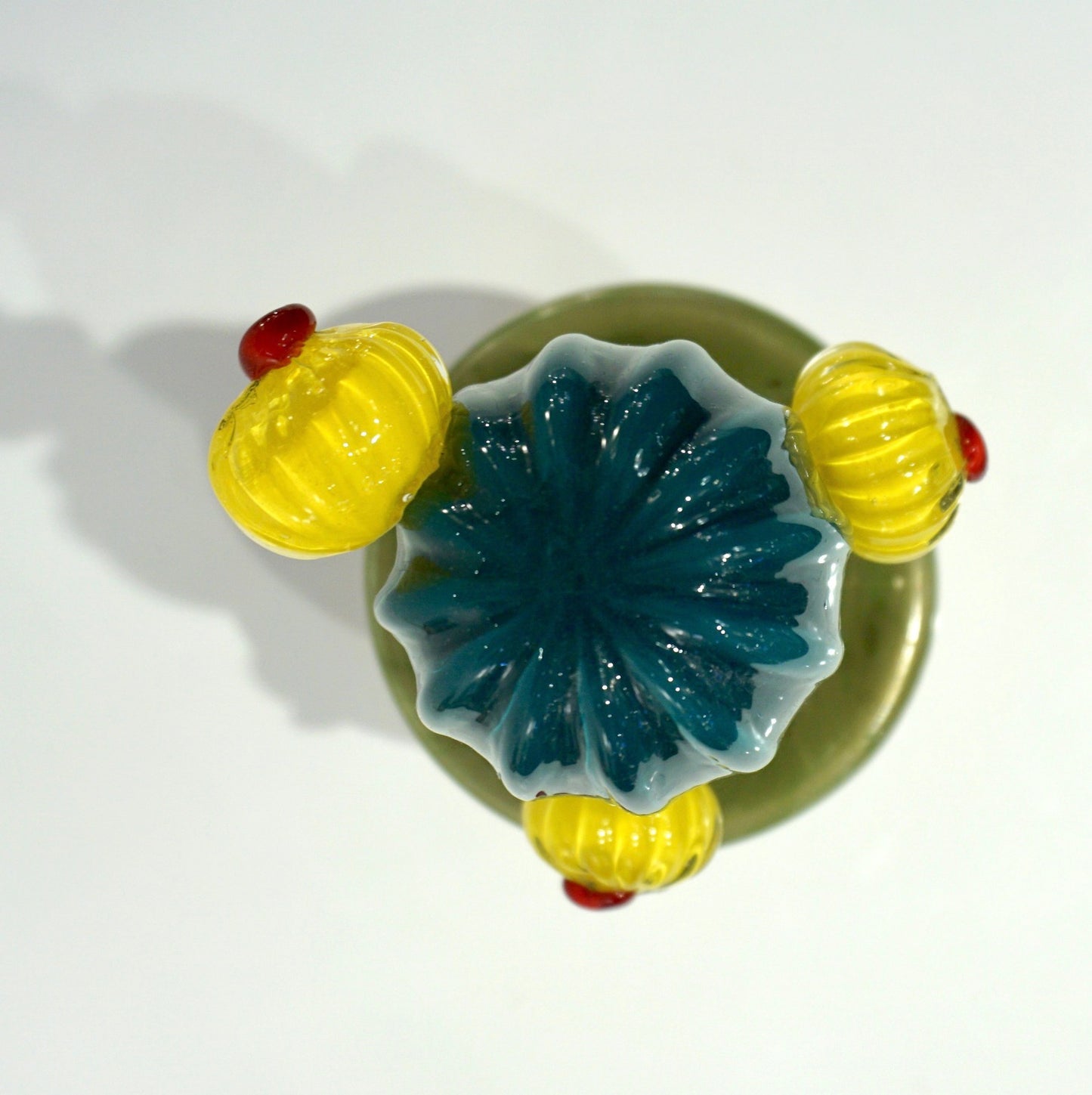 2000s Italian Teal Gold Green Murano Art Glass Cactus Plant with Yellow Flowers