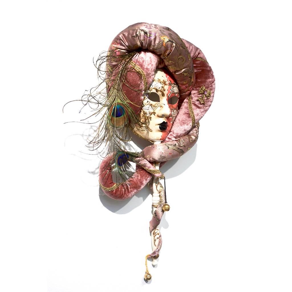 Venetian Handmade Pink Rose Fabric Turban Mask with Handle and Feathers - Cosulich Interiors & Antiques