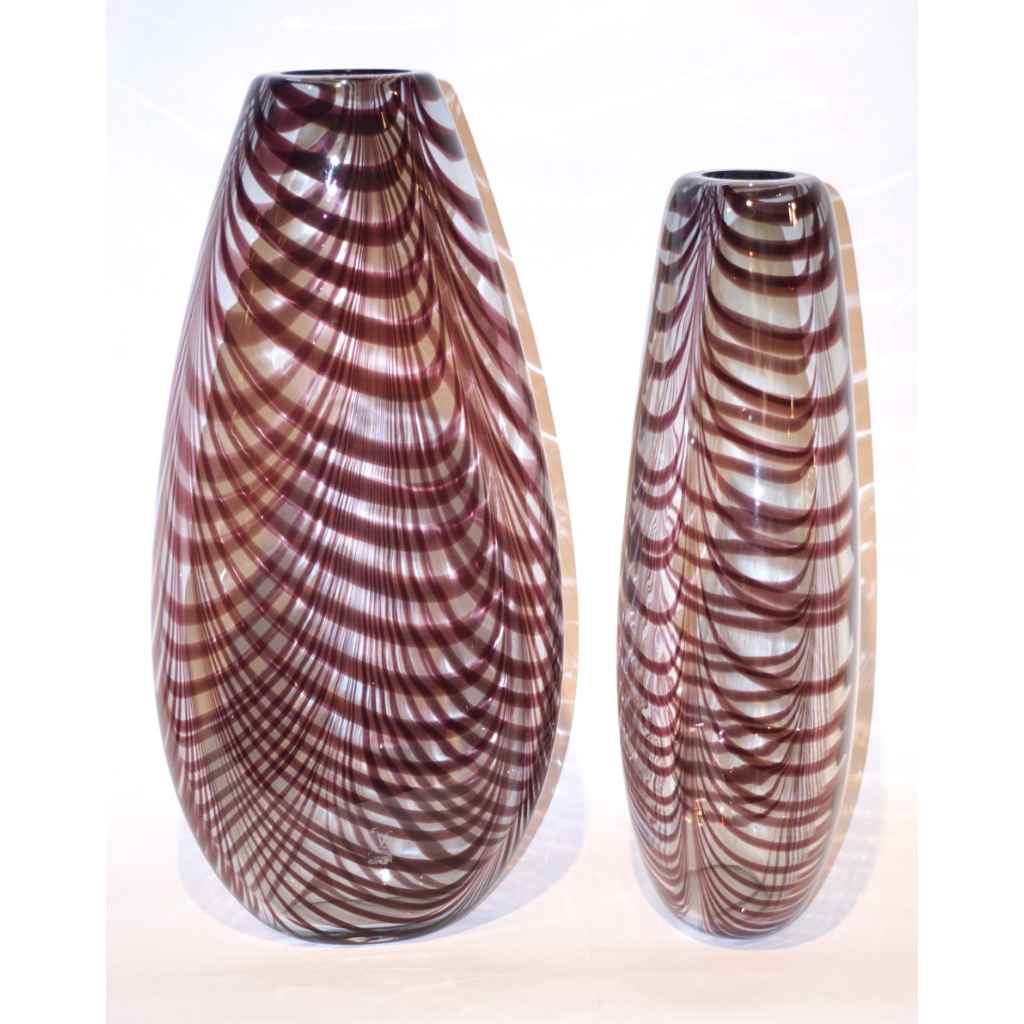 Formia 1970s Two Fenicio Feather Decorated Purple Brown Murano Art Glass Vases - Cosulich Interiors & Antiques