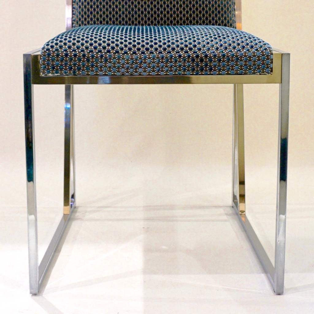 1970s Italian Six Brass and Chrome Modern Chairs, Blue and White Fabric - Cosulich Interiors & Antiques
