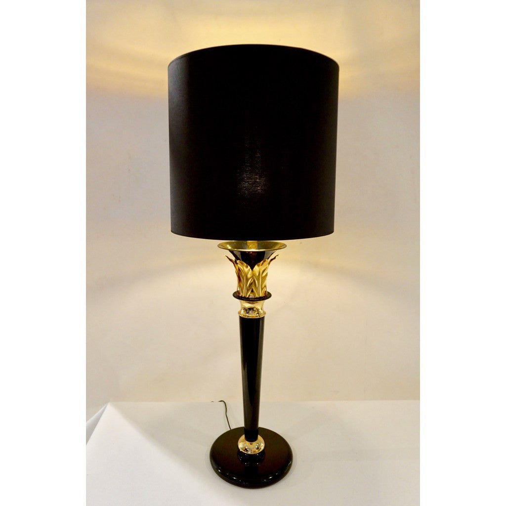 1970 Italian Hollywood Regency Pair of Black Lacquered and Gold Leaf-Motif Lamps - Cosulich Interiors & Antiques
