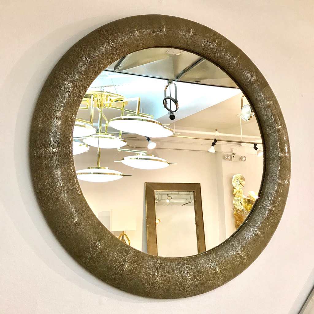 Italian Contemporary Round Mirror in Light Taupe Gray Shagreen - Cosulich Interiors & Antiques