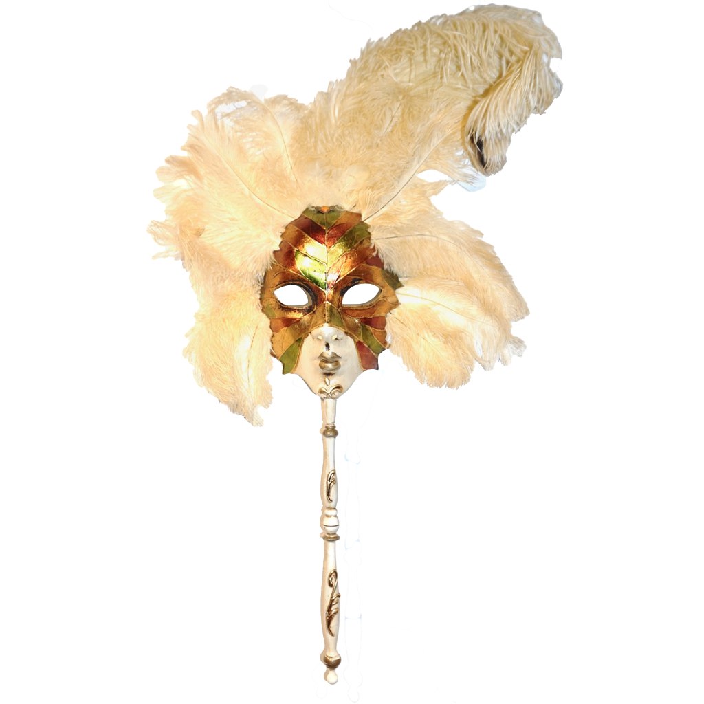 Metallic Green Gold and Orange Venetian Handmade Folk Art Carnival Mask with Feathers - Cosulich Interiors & Antiques