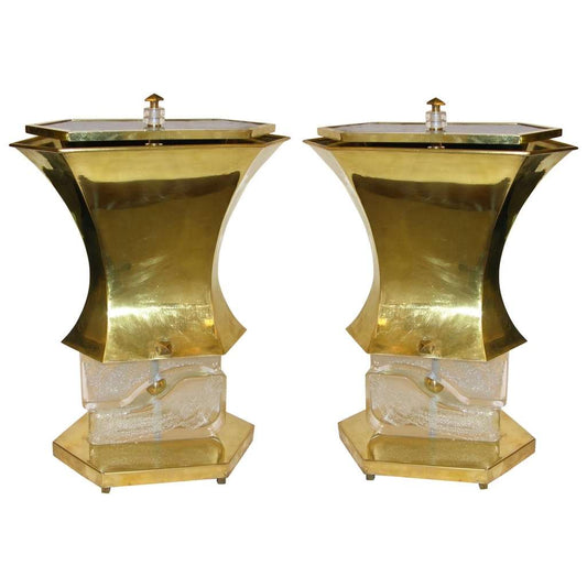 Gucci 1980s Italian Pair of Modern Gold Brass and Glass Lamps - Cosulich Interiors & Antiques