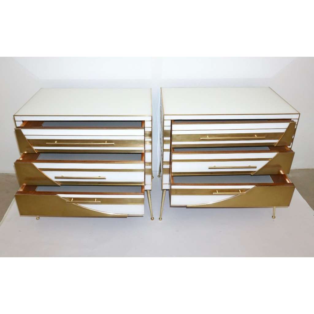 Contemporary Italian Pair of Gold Brass and White Glass Chests / Side Tables - Cosulich Interiors & Antiques