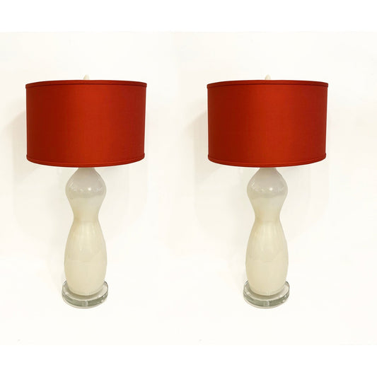 Italian Modern Pair of Cream Ivory Gold Silhouette Lamps with Terracotta shades