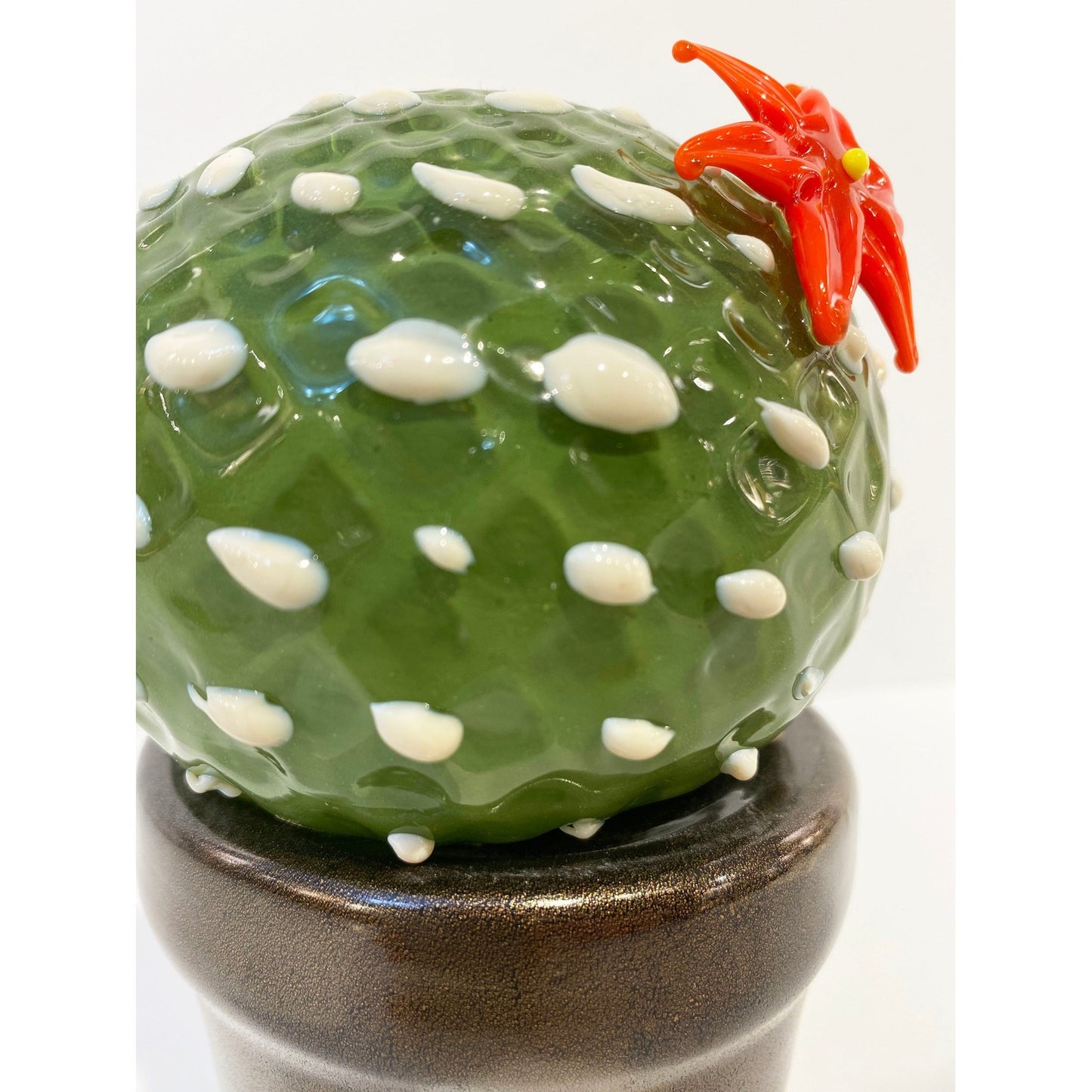 2000s Italian Moss Green White Murano Art Glass Cactus Plant with Red Flower