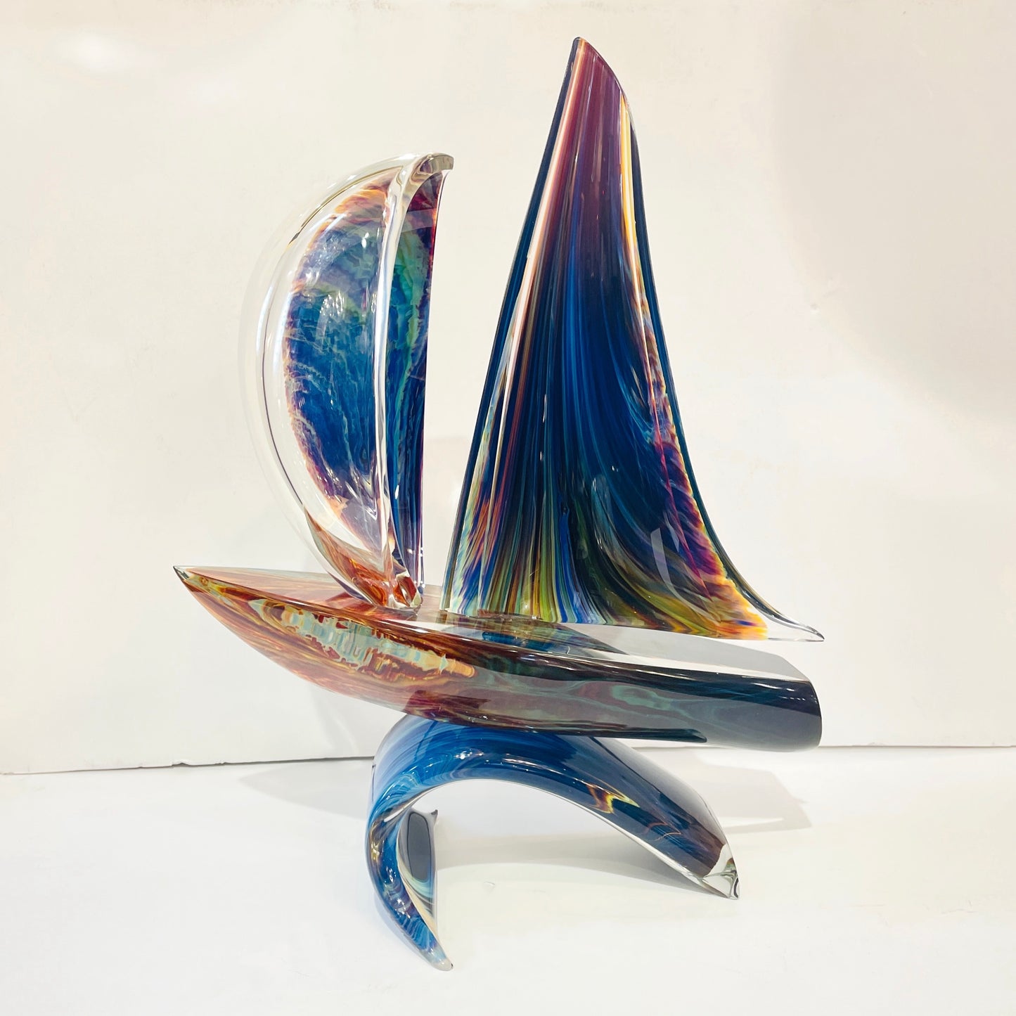 2015 Italian Yellow Blue Brown Crystal Murano Glass Boat Modernist Art Sculpture