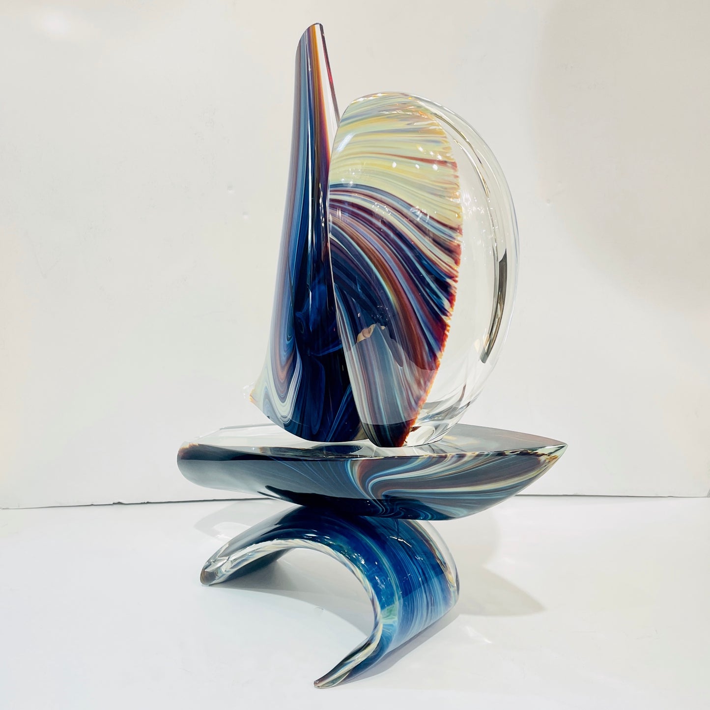 2015 Italian Yellow Blue Brown Crystal Murano Glass Boat Modernist Art Sculpture