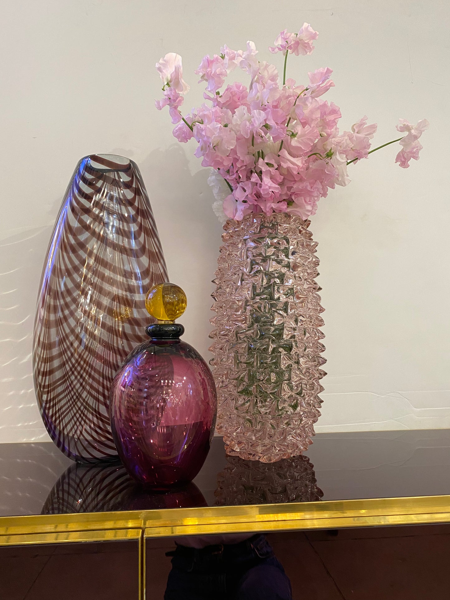Formia 1970s Two Feather Decorated Purple Brown & Crystal Murano Art Glass Vases