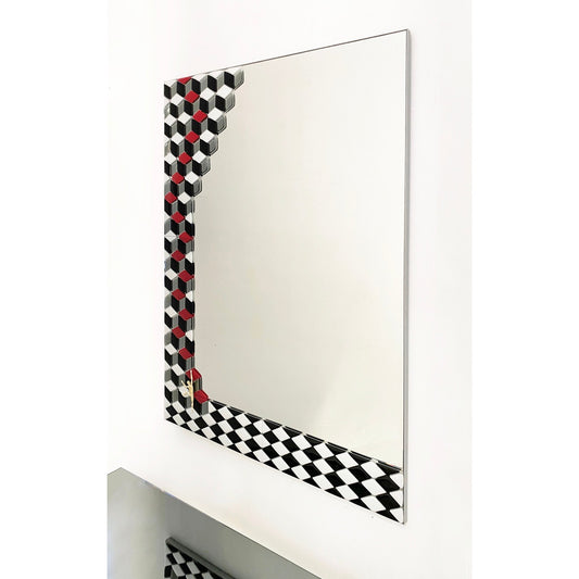 Bespoke Escher Inspired Italian Red Black White Smoked Murano Glass Satin Mirror