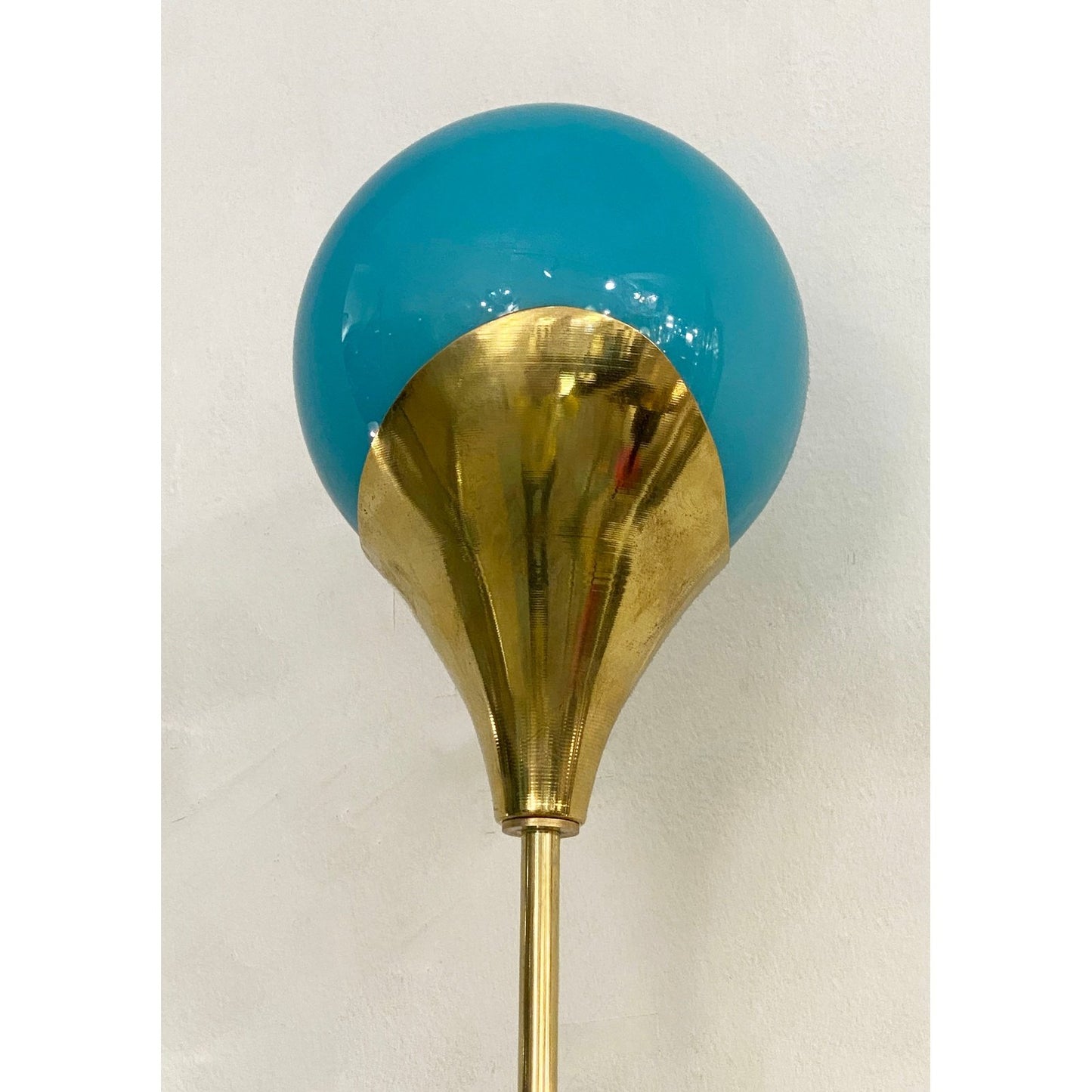 Contemporary Italian Pair of Two Globe Turquoise Murano Glass Brass Sconces