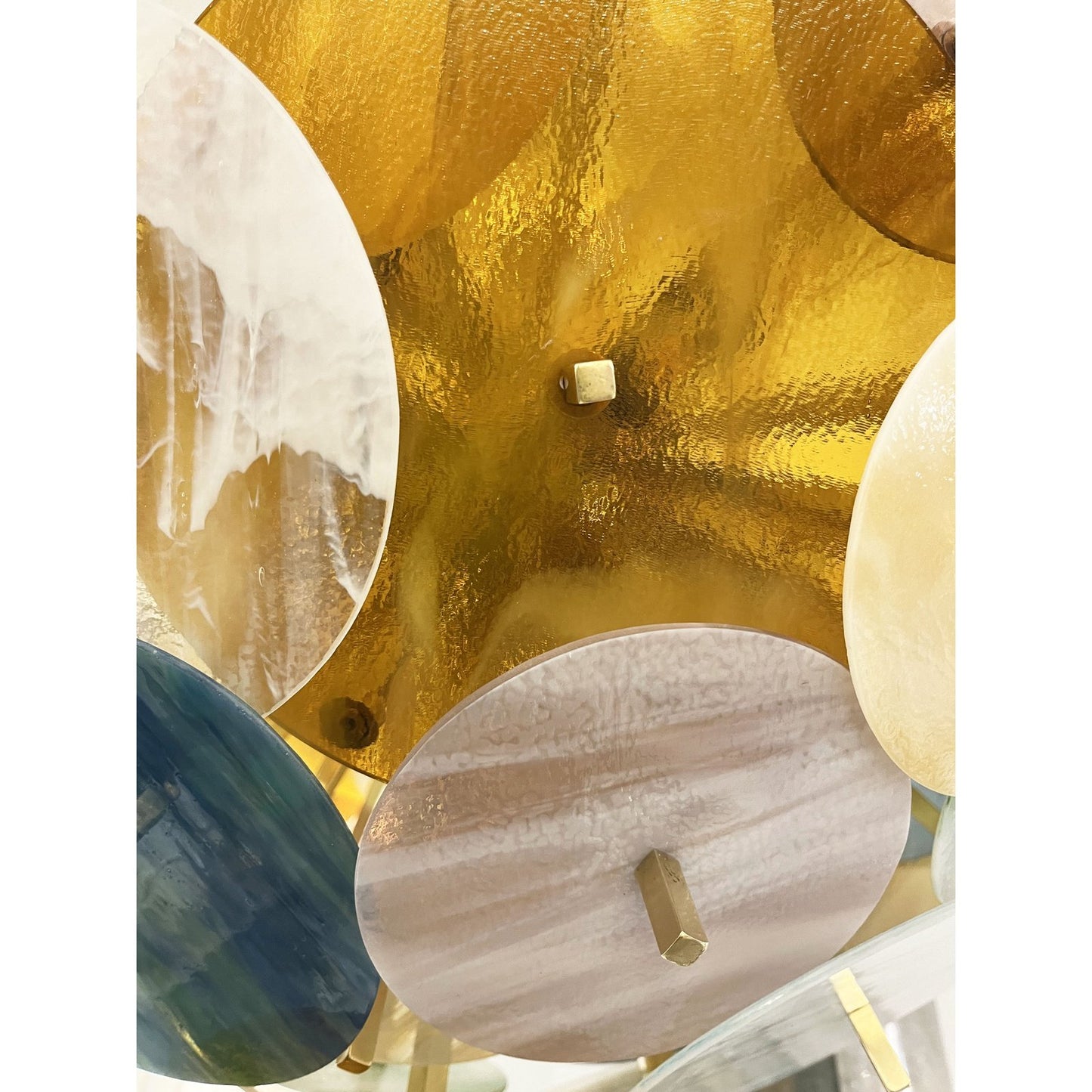 Italian Yellow White Pink Aqua Blue Pastel Murano Glass Brass Sputnik Chandelier