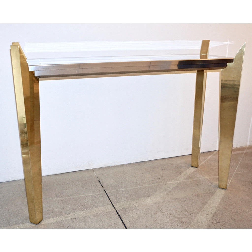 1970's Vintage Italian Brass and Nickel Wood Console of Modern Graphic Design - Cosulich Interiors & Antiques