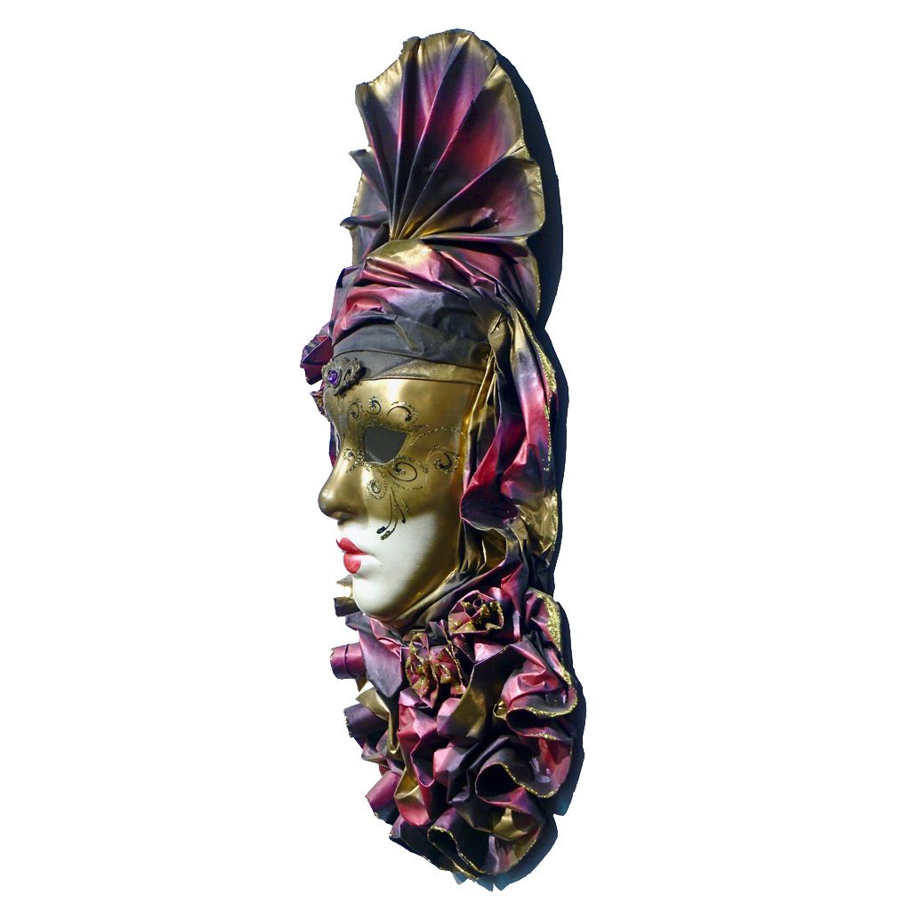 Venetian Handmade Gold and Rose Pink Mask with Flower Pleated Jabot - Cosulich Interiors & Antiques