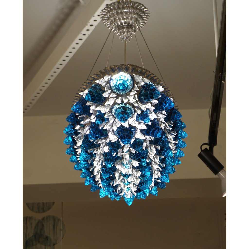 Contemporary Italian Turquoise Blue & Clear Glass Oval Silver Flush/Chandelier - Cosulich Interiors & Antiques
