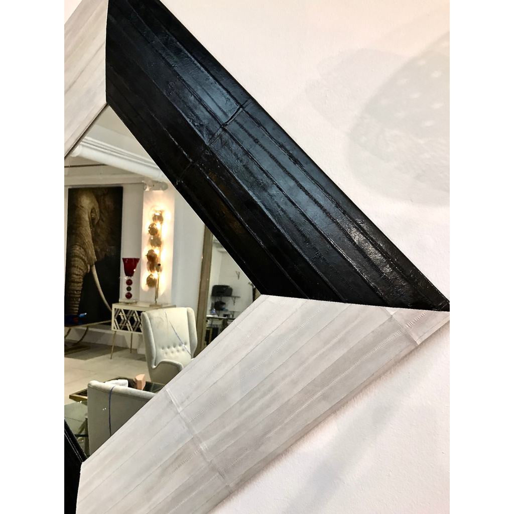 Contemporary Italian Square/Diamond Mirror in Black and Gray White Leather - Cosulich Interiors & Antiques