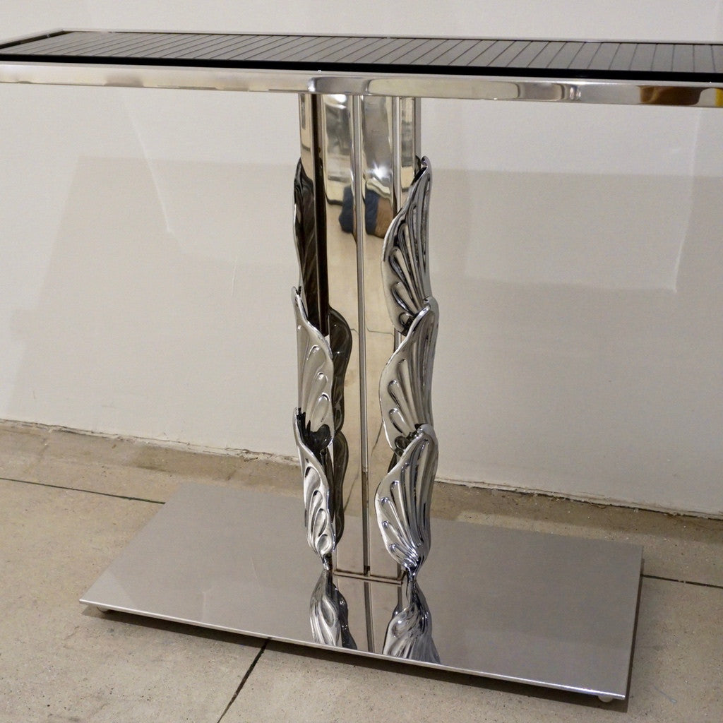Italian Contemporary Polished Chrome and Black Glass Console with Shell Motif - Cosulich Interiors & Antiques