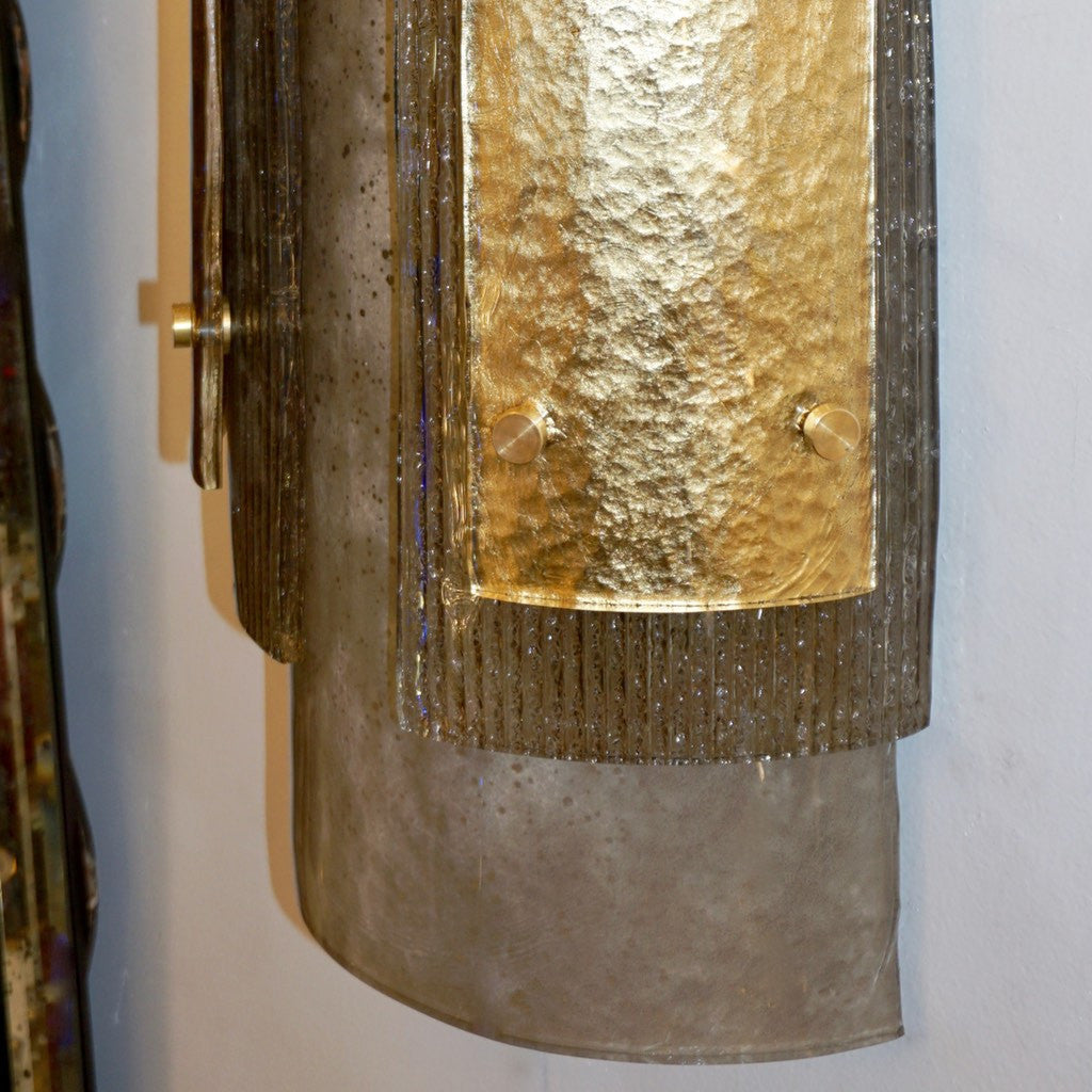 Italian Pair of Modern Gold, Smoked Gray and Frosted Ivory Murano Glass Sconces - Cosulich Interiors & Antiques