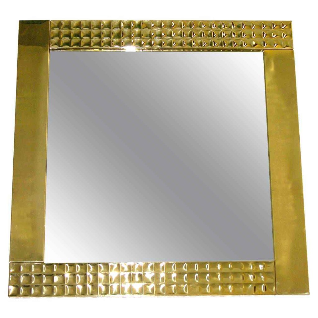 Italian 1970s Vintage Brass Square Mirror with Modern Gold Jewel-Like Detail - Cosulich Interiors & Antiques